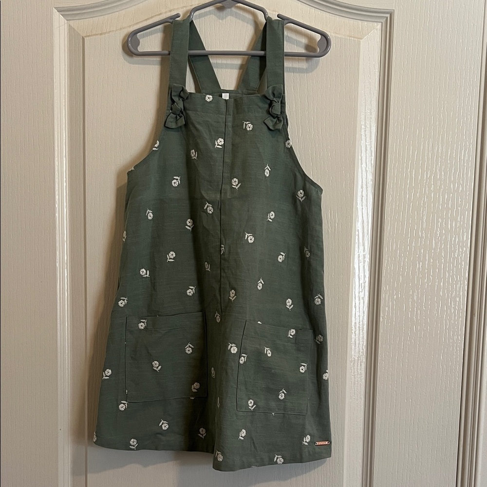 Tahari Girls' Olive Green Floral Embroidered Overall Dress/Jumper size 6